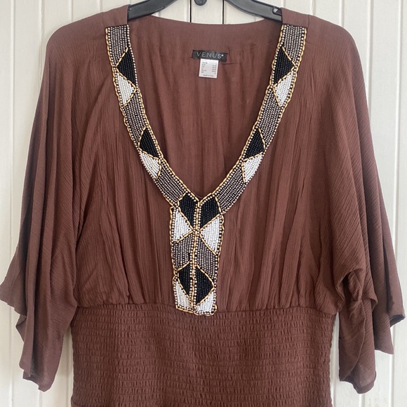 Mini Dress / Brown with Bead detail - Picture 2 of 10
